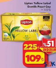 LİPTON YELLOW LABEL DEMLİK POŞET ÇAY 100'LÜ fiyat ve kampanya bilgisi